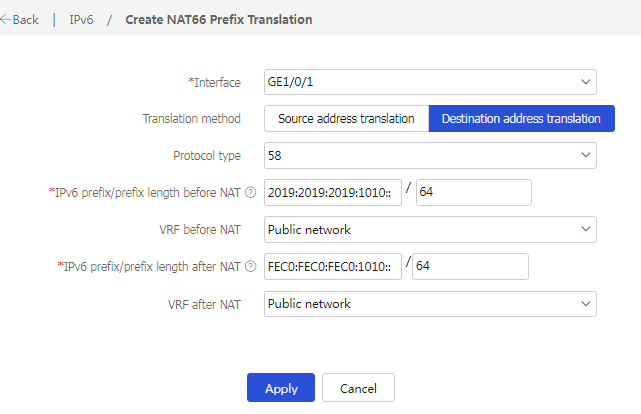 Web example: Configuring IPv6 destination prefix translation (interface ...